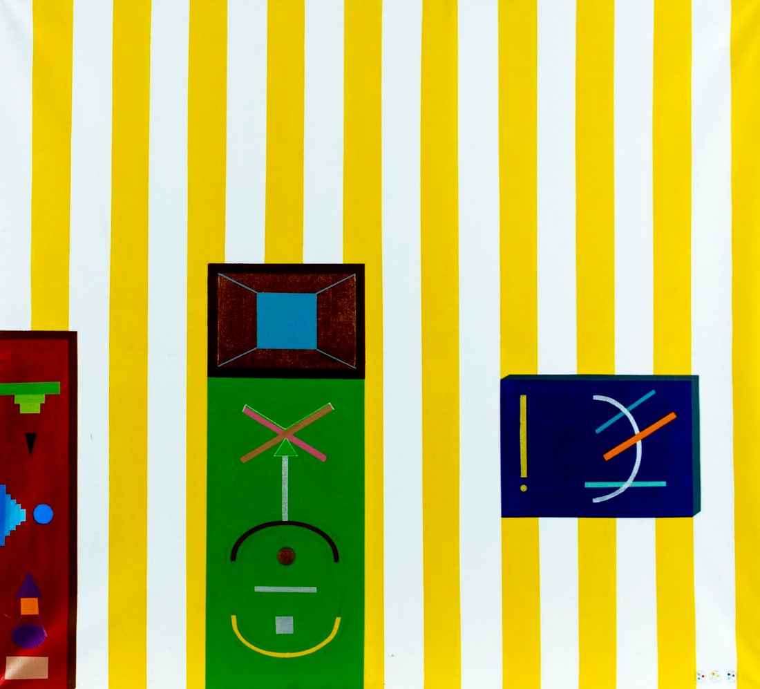 Vintage 20C American oil painting: ARTIST: - (American, 20 century) TITLE: Geometric Abstract Composition MEDIUM: oil on canvas CONDITION: One small patch-repaired puncture with corresponding paint losses.