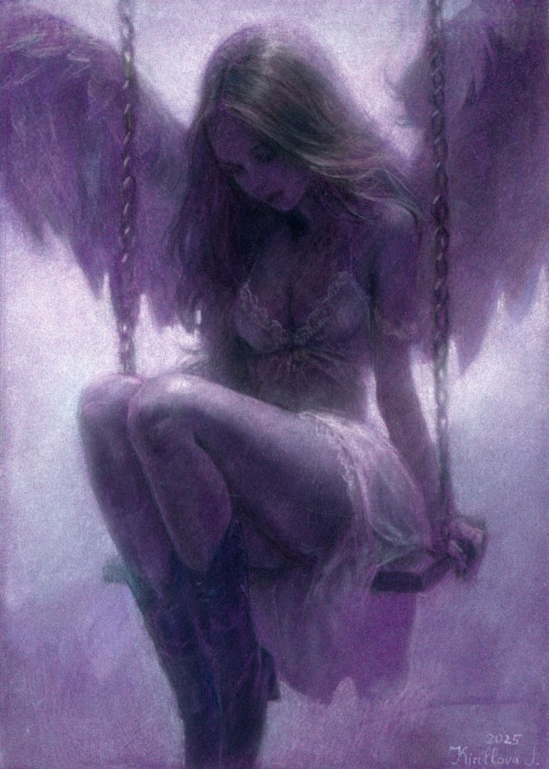 Julia Kirillova (Ukraine,b 1991) pastel painting: ARTIST: Julia Kirillova (Ukrainian, born 1991) TITLE: Female Angel on Swing MEDIUM: pastel on heavy paper CONDITION: Very good. ART SIZE: 12 x 8 inches /