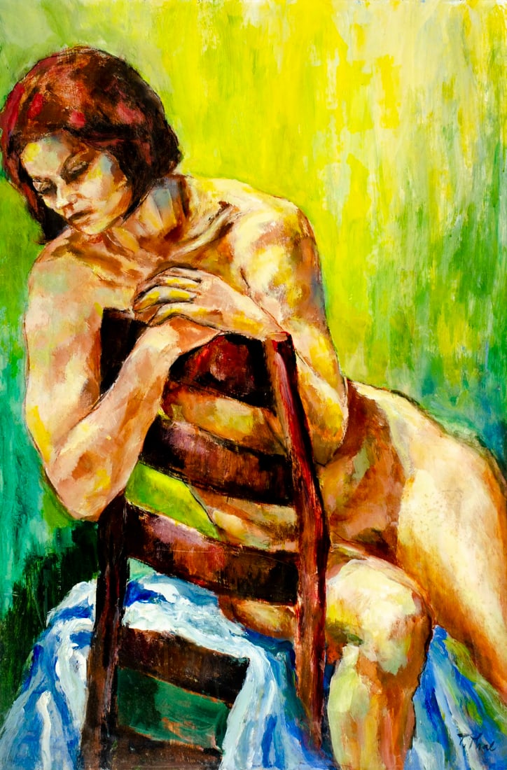 Thelma Thal (NY,1903-2001) oil painting: ARTIST: Thelma Thal (New York, 1903 - 2001) TITLE: Seated Nude MEDIUM: oil on board CONDITION: Some damages to corners. Minor paint losses. No visible inpaint under UV lig
