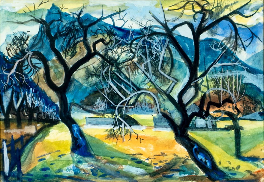 Schoenborn (mid 20C) watercolor painting: ARTIST: Schoenborn (mid 20 century) TITLE: Mountain Landscape YEAR: 1954 MEDIUM: watercolor on paper CONDITION: Few minor paint losses mostly by the corn