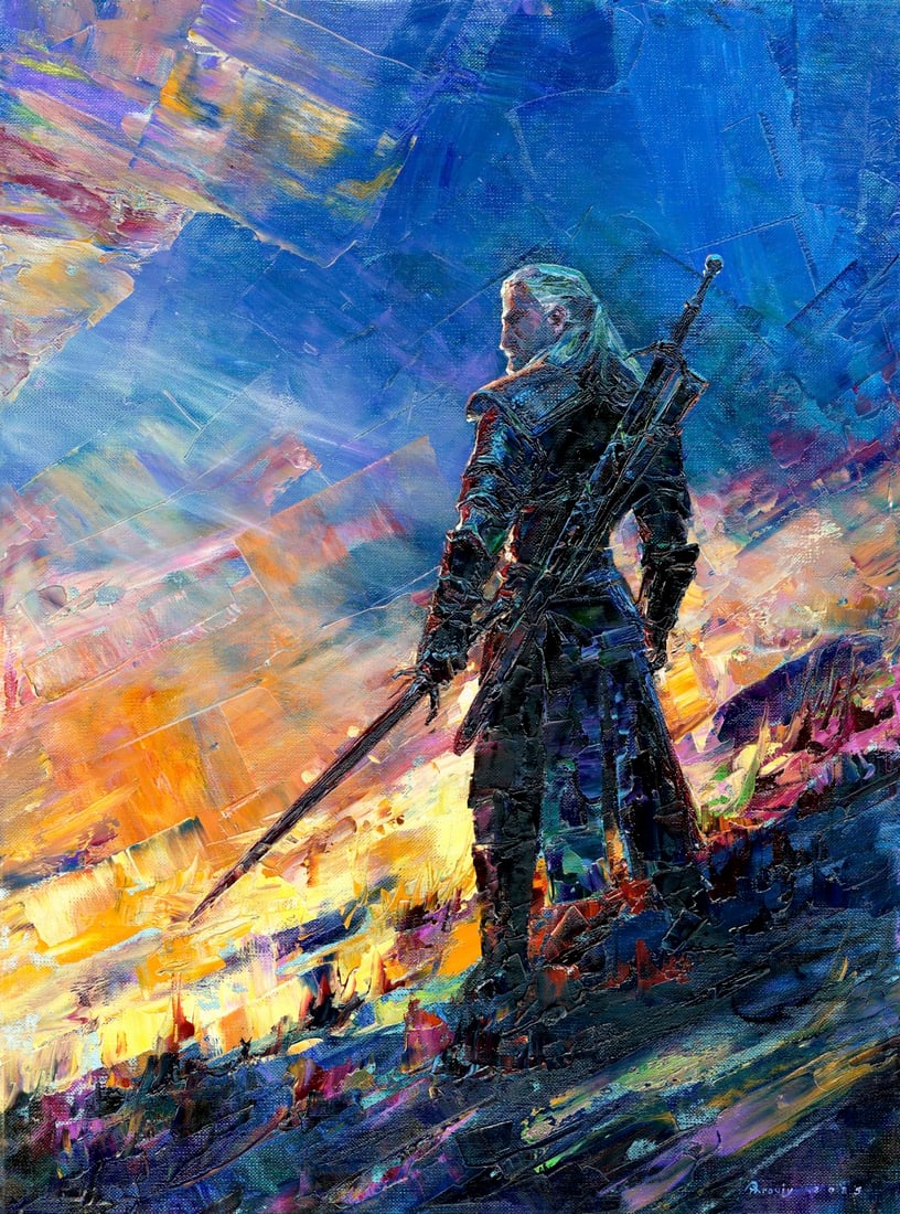 Vitalii Paroviy (Ukraine,b 1986) oil painting: ARTIST: Vitalii Paroviy (Ukrainian, born 1986) TITLE: Geralt of Rivia MEDIUM: oil on heavy paper CONDITION: Very good. No visible inpaint under UV light. ART SIZE