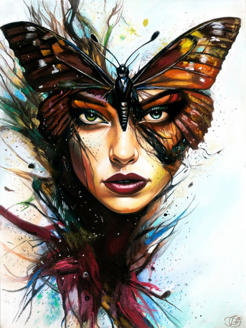 Genadiy Achkasov (Ukraine,b 1965) pastel painting: ARTIST: Genadiy Achkasov (Ukrainian, born 1965) TITLE: Butterfly Woman MEDIUM: pastel on heavy paper CONDITION: Few minor scratches/paint losses along edges. ART