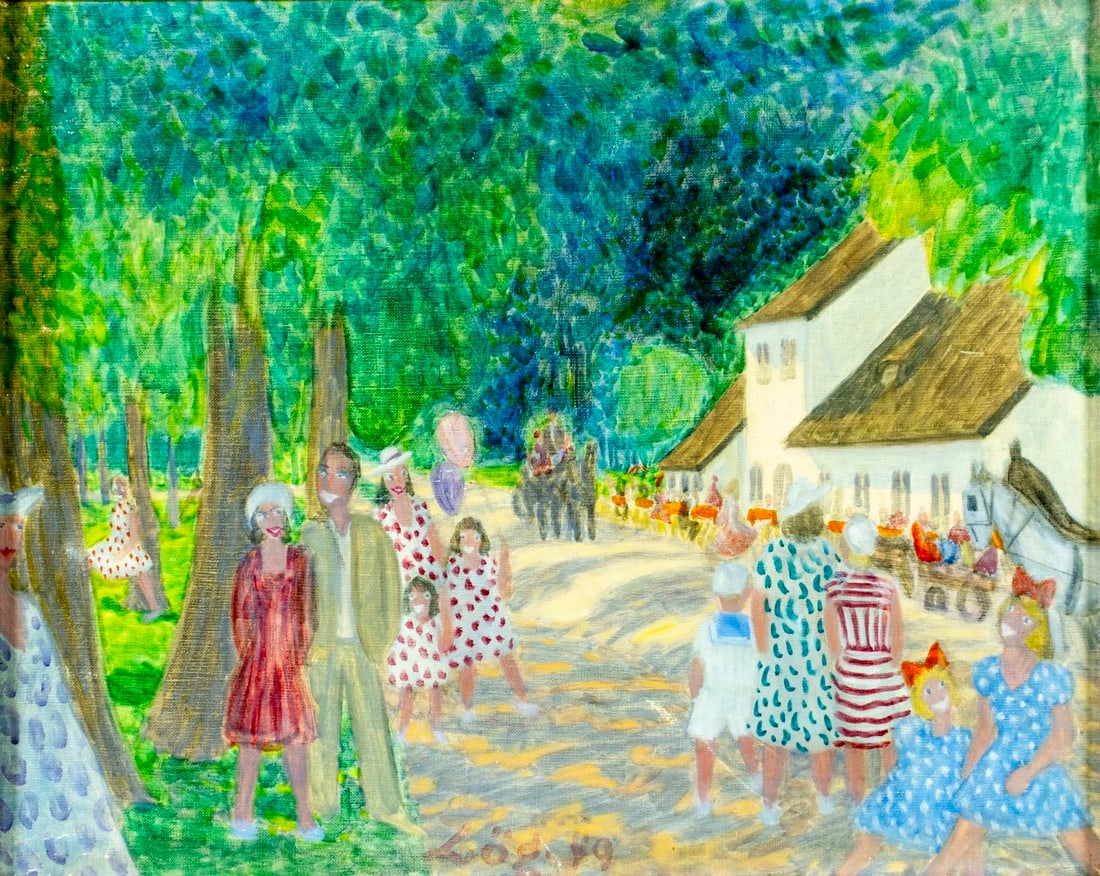 Anni Logstrup (Denmark,1912-2001) oil painting: ARTIST: Anni Logstrup (Danish, 1912 - 2001) TITLE: Park Scene YEAR: 1949 MEDIUM: oil on canvas CONDITION: One repaired puncture. Some scratches/paint l