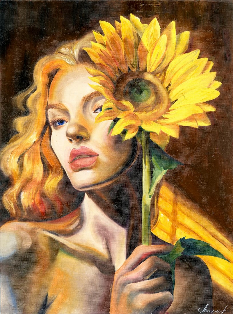 Alina Shibanova (Ukraine,20/21C) oil painting: ARTIST: Alina Shibanova (Ukrainian, 20/21 centuries) TITLE: Portrait of Woman with Sunflower MEDIUM: oil on heavy paper CONDITION: Very good. No visible inpaint under UV lig
