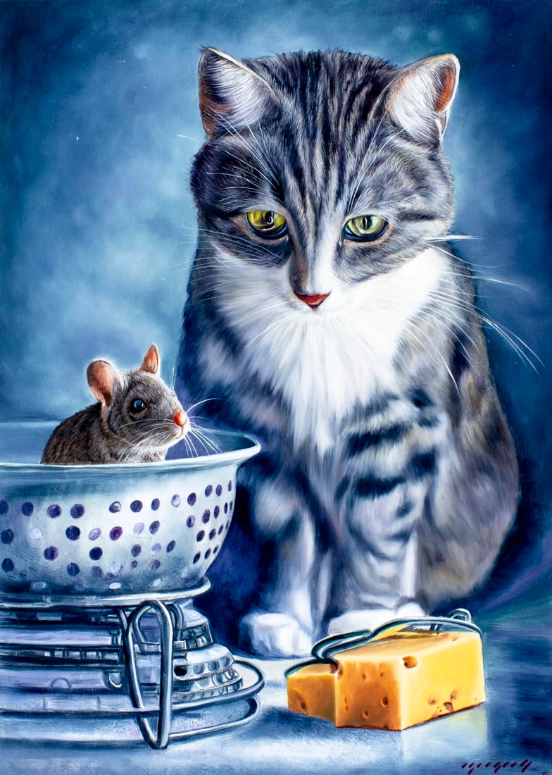 Igor Grey (Ukraine,b 1975) oil painting: ARTIST: Igor Grey (Ukrainian, born 1975) TITLE: Cat and Mouse - Truce Time (titled on verso) MEDIUM: oil on canvas CONDITION: Unstretched (In-House stretching available). Ve