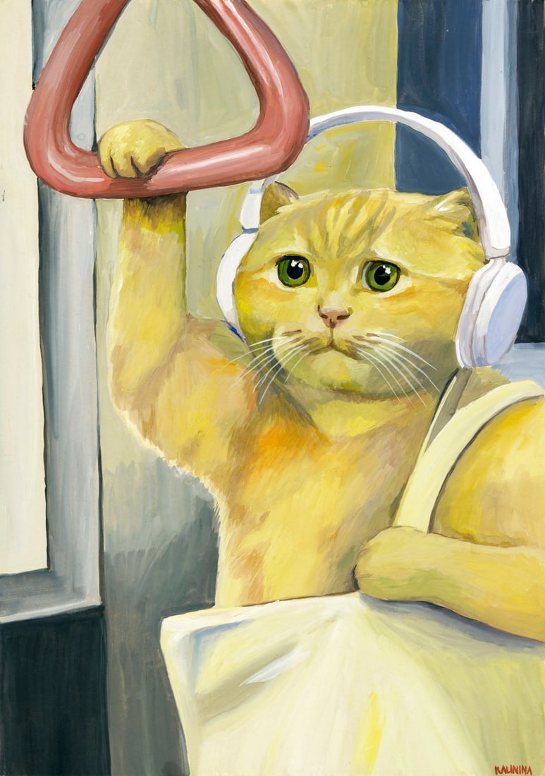 Valeria Kalinina (Ukraine,20/21C) acrylic painting: ARTIST: Valeria Kalinina (Ukrainian, 20/21 centuries) TITLE: Cat in Subway MEDIUM: acrylic on heavy paper CONDITION: Very good. ART SIZE: 17 x 12 inches