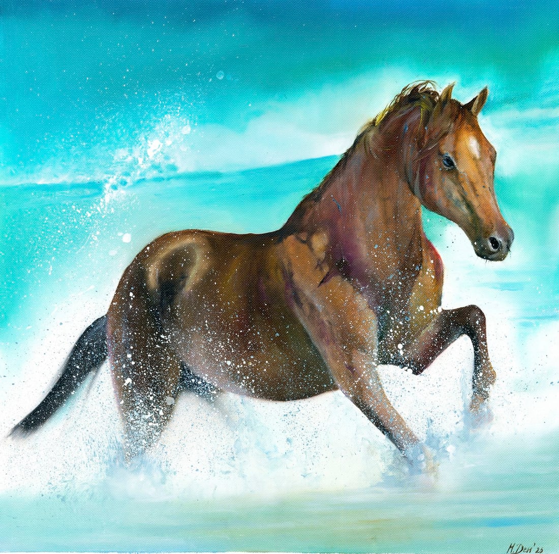 Miroslava Denisyuk (Ukraine,20/21C) oil painting: ARTIST: Miroslava Denisyuk (Ukrainian, 20/21 centuries) TITLE: Running Horse - Summer Vibes (titled on verso) MEDIUM: oil on heavy paper CONDITION: Very good. No visible in