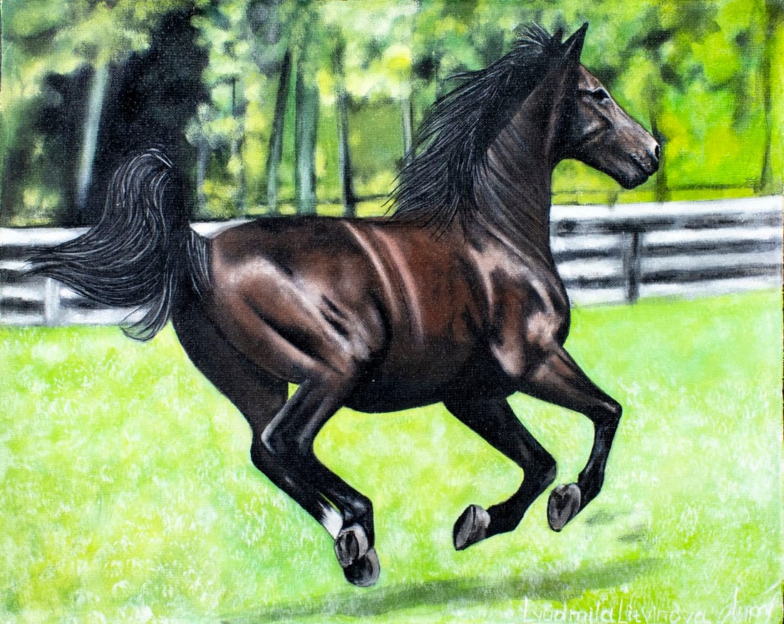 Lyudmila Litvinova (Russia,b 1991) acrylic painting: ARTIST: Lyudmila Litvinova (Russian, born 1991) TITLE: Morgan Horse (titled on verso) MEDIUM: acrylic on canvas CONDITION: Unstretched (In-House stretching available). Very