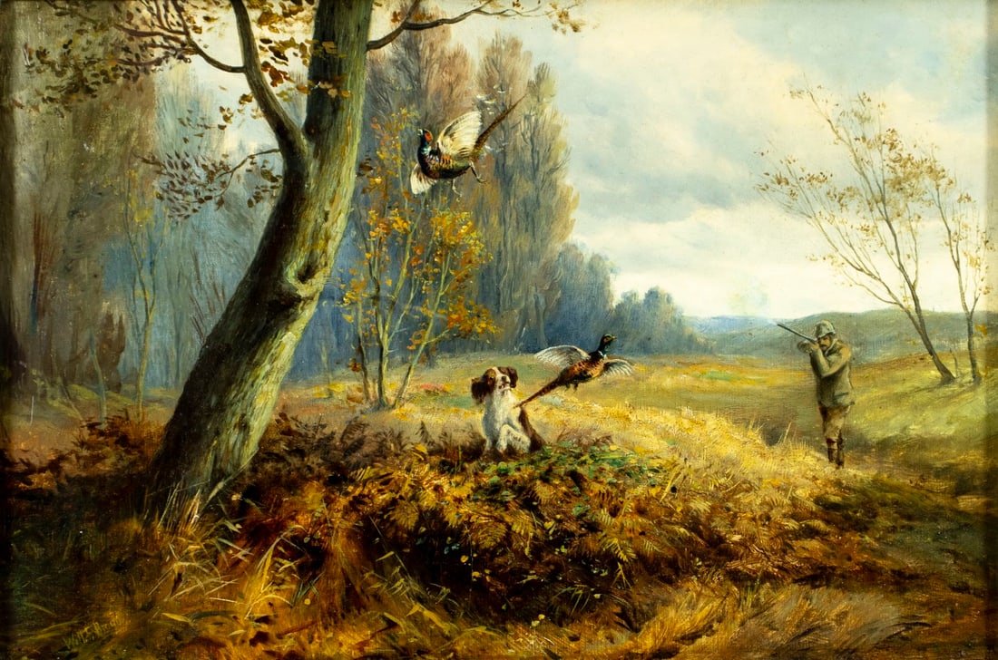 William F Brown (UK,19C) oil painting antique: ARTIST: William F Brown (English, 19 century) TITLE: Hunting Scene MEDIUM: oil on canvas CONDITION: Relined. Some scattered minor inpaintings. Minor damages to frame.