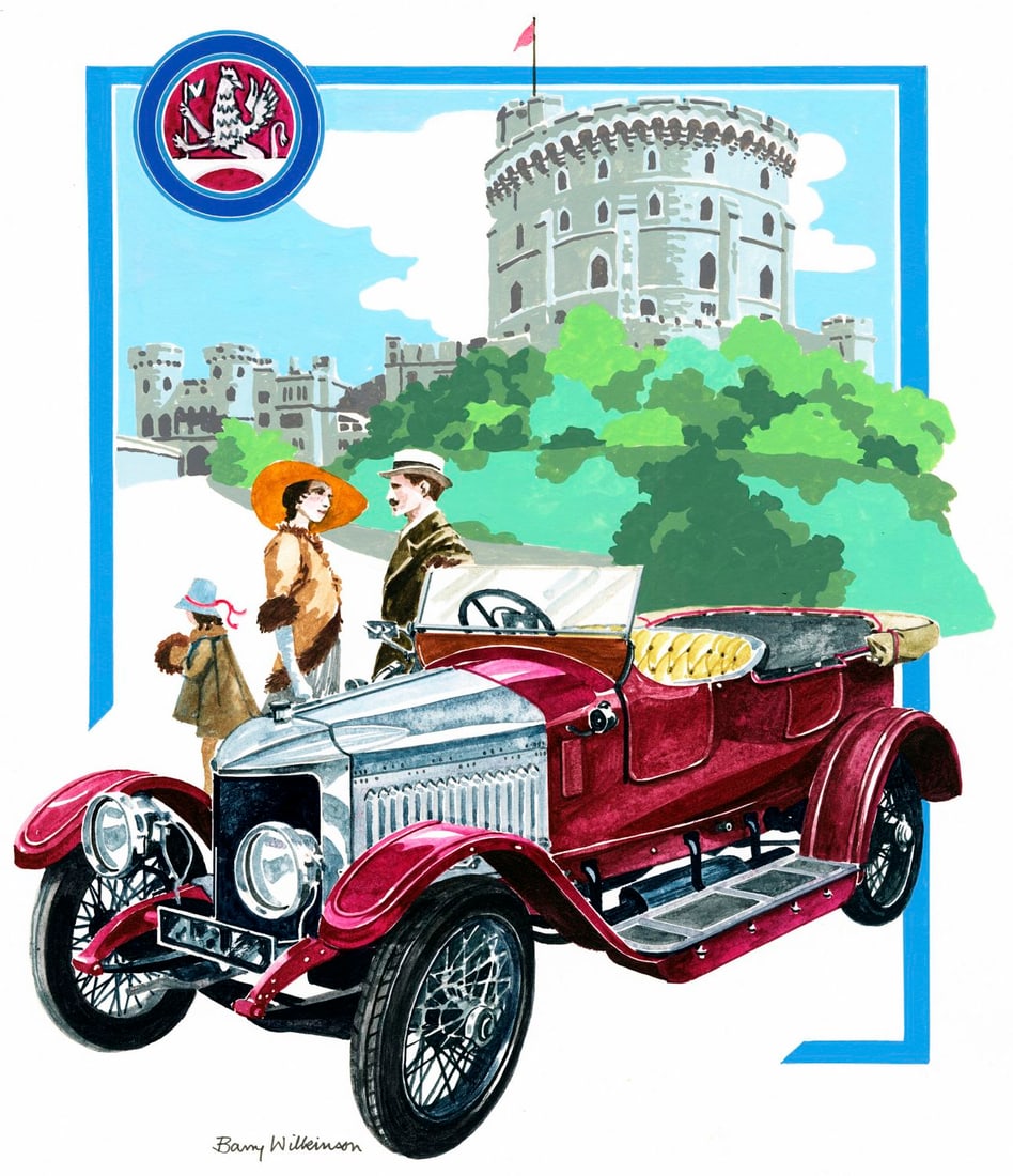 Barry Wilkinson (UK,1923-2007) gouache painting: ARTIST: Barry Wilkinson (United Kingdom, 1923 - 2007) TITLE: Great Britain N 2, Vauxhall Prince Henry 1914 Car (titled on verso) YEAR: 1984 MEDIUM: gouache on board