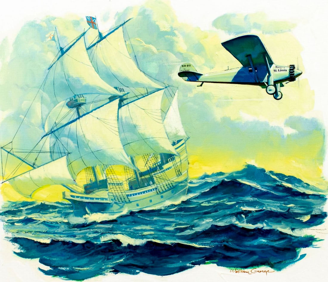 William George (CA,1930-?) oil painting: ARTIST: William George (California, 1930 - ???) TITLE: Sail Ship and Plane MEDIUM: oil on canvas CONDITION: Very good. No visible inpaint under UV light. Normal wear along