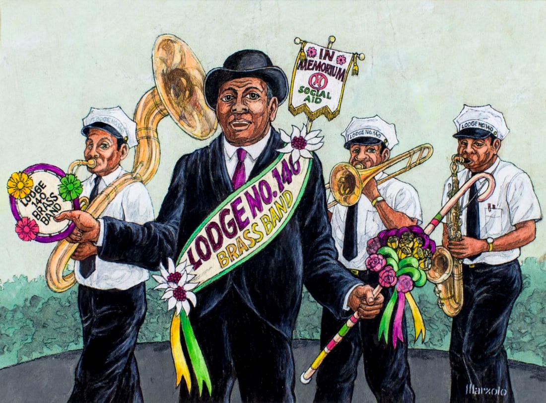 Marzolo (US,20C) mixed media painting: ARTIST: Marzolo (American, 20 century) NAME: Illustration - Brass Band MEDIUM: mixed media on board CONDITION: Very good. SIGHT SIZE: 16 x 21 inches / 40 x 53 cm MAT SIZE: