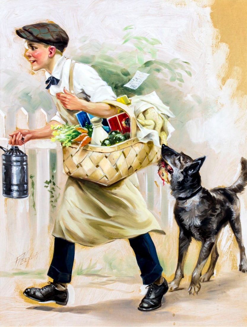 Charles Relyea (NY,1863-1932) gouache painting antique: ARTIST: Charles Mark Relyea (New York, 1863 - 1932) NAME: Boy with Dog - The Thief MEDIUM: gouachel on board CONDITION: Very good. No visible inpaint under UV light. ART SIZE: