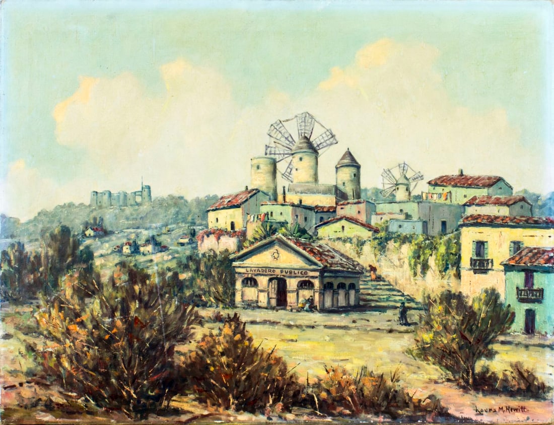 Laura Hewitt (UK,CA,1897-1978) oil painting: ARTIST: Laura Victoria May Hiscock Hewitt (British, California, 1897 - 1978) NAME: Mexican Village MEDIUM: oil on canvas CONDITION: Very good. No visible inpaint under UV light. SIGHT SIZ