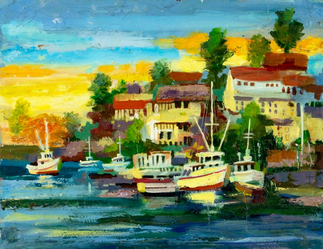 John Reilly (NY,NJ,1942-2021) oil painting: ARTIST: John Reilly (New York, New Jersey, 1942 - 2021) TITLE: Harbor Scene MEDIUM: oil on board CONDITION: Some scratches/paint losses. No visible inpaint under UV light.