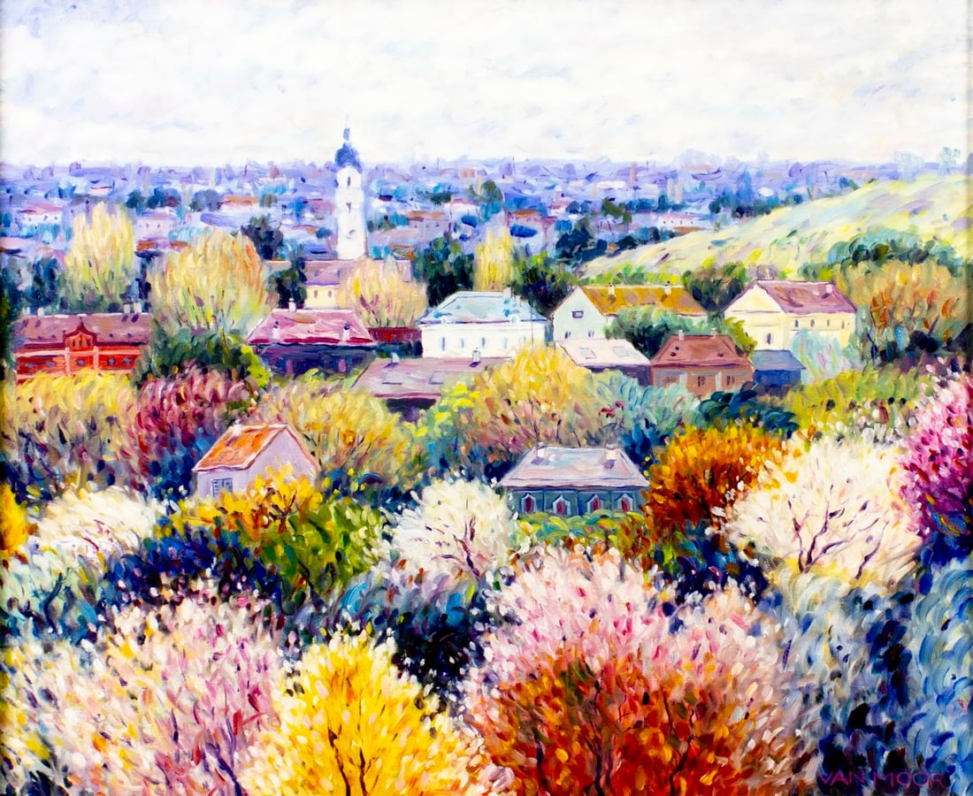 Jan Van Moor (Belgium,b 1950) oil painting: ARTIST: Jan Van Moor (Belgian, born 1950) TITLE: Cityscape - Paysage Mediterraneen (titled on label) MEDIUM: oil on canvas CONDITION: Very good. No visible inpaint under UV