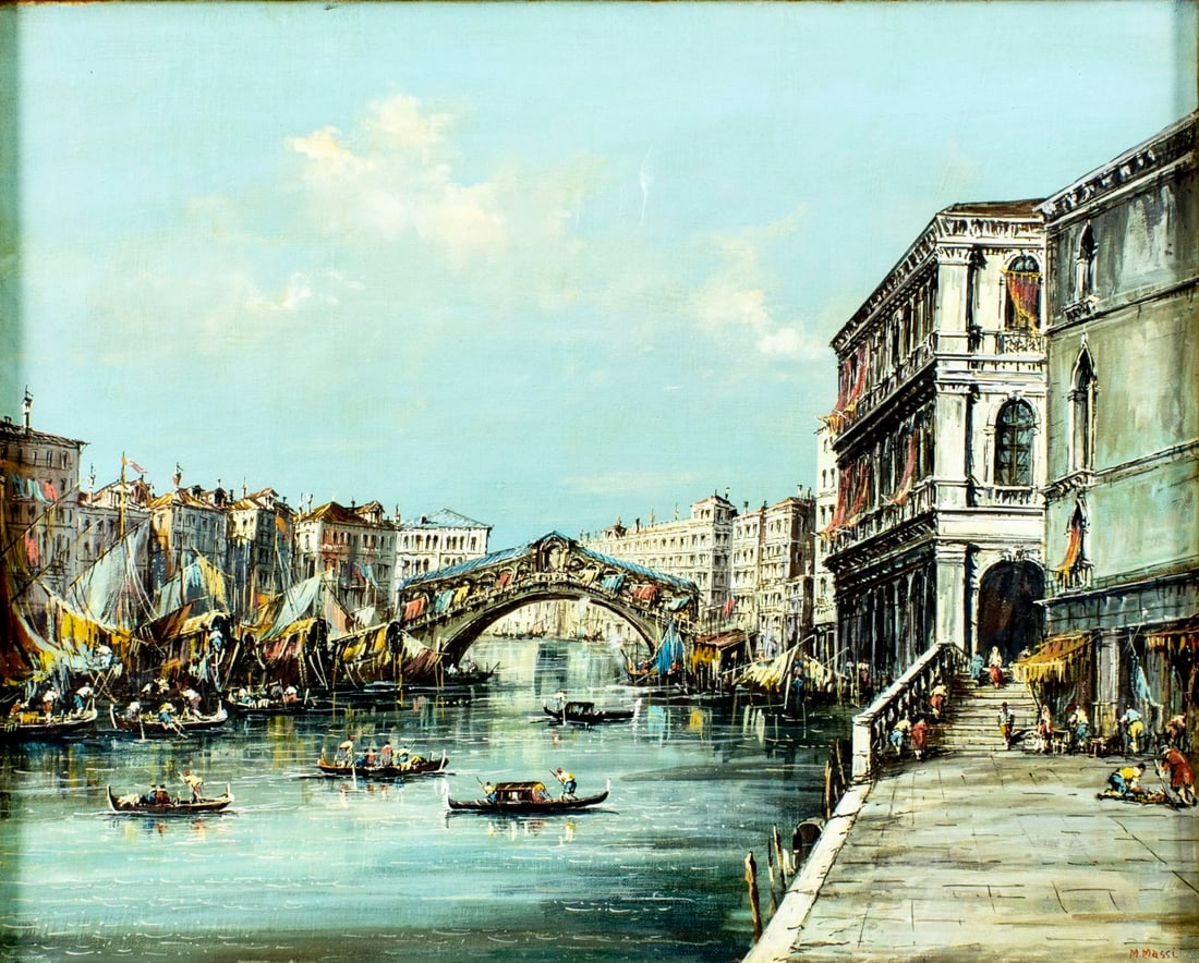 M Massi (Italy,mid 20C) oil painting: ARTIST: M Massi (Italian, mid 20 century) TITLE: Garnd Canal Cityscape, Venice, Italy (titled on verso) YEAR: circa 1967 MEDIUM: oil on canvas. Canvas applied to board. <
