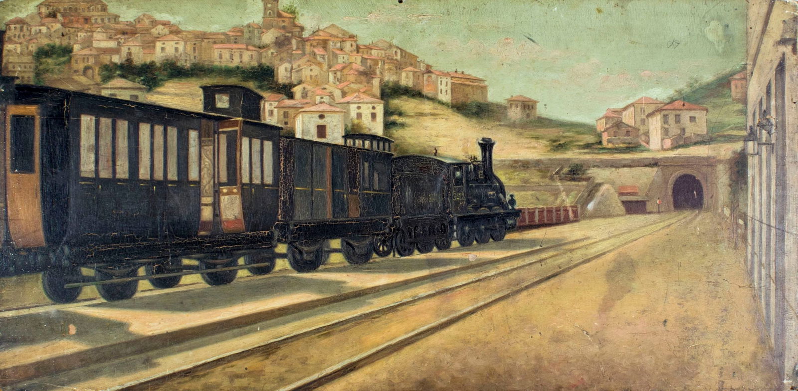 Antique 19C European oil painting cityscape: ARTIST: - (Europe, 19 century) NAME: Cityscape with Train YEAR: circa 1900 MEDIUM: oil on board CONDITION: Some scrathes/paint losses. Some craquelure. No visible inpaint