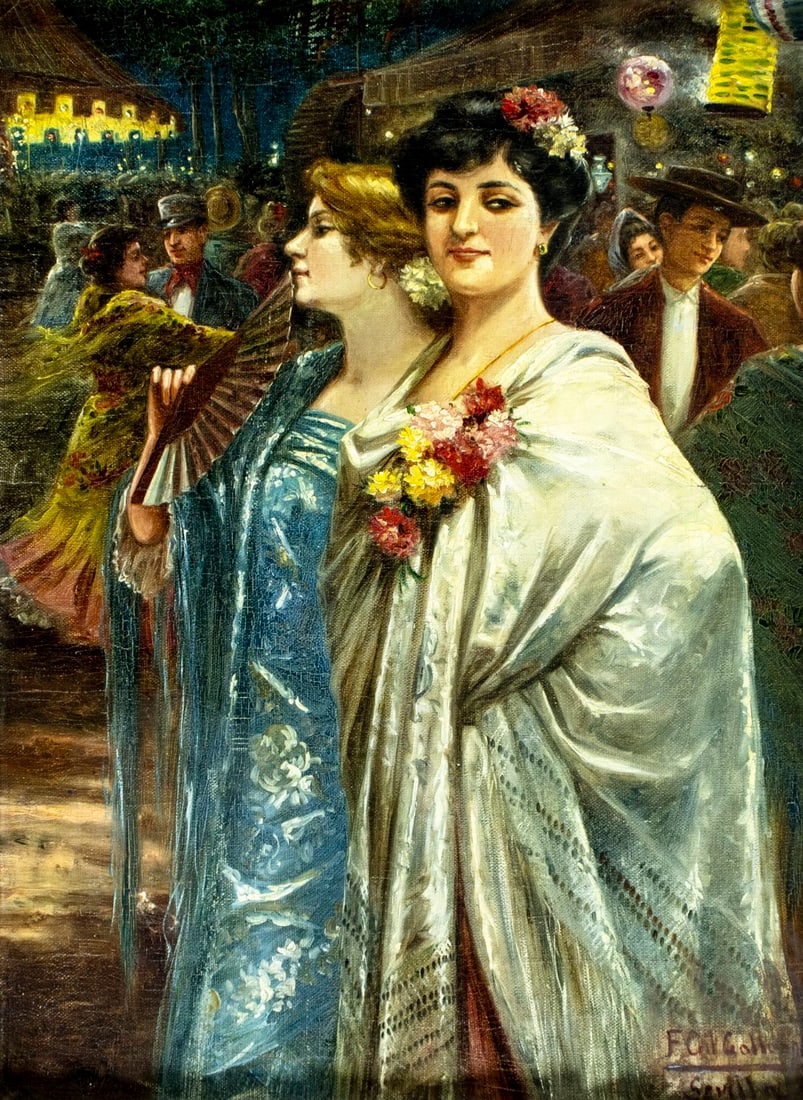 Felipe Gil Gallango (Spain,1838-1938) oil painting antique: ARTIST: Felipe Gil Gallango (Spanish, 1838 - 1938) TITLE: Ladies at Party MEDIUM: oil on canvas CONDITION: One patch. One nail hole by the right edge. Some scratches/paint