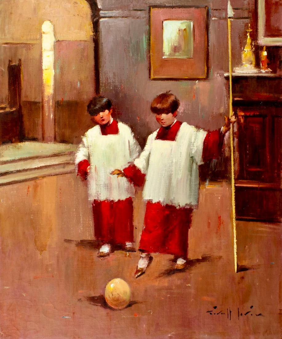 Joan Giralt Lerin (Spain,1907-?) oil painting: ARTIST: Joan Giralt Lerin (Spanish, 1907 - ???) TITLE: Altar Boys MEDIUM: oil on canvas CONDITION: Unstretched (In-House stretching available). Some small paint losses. So