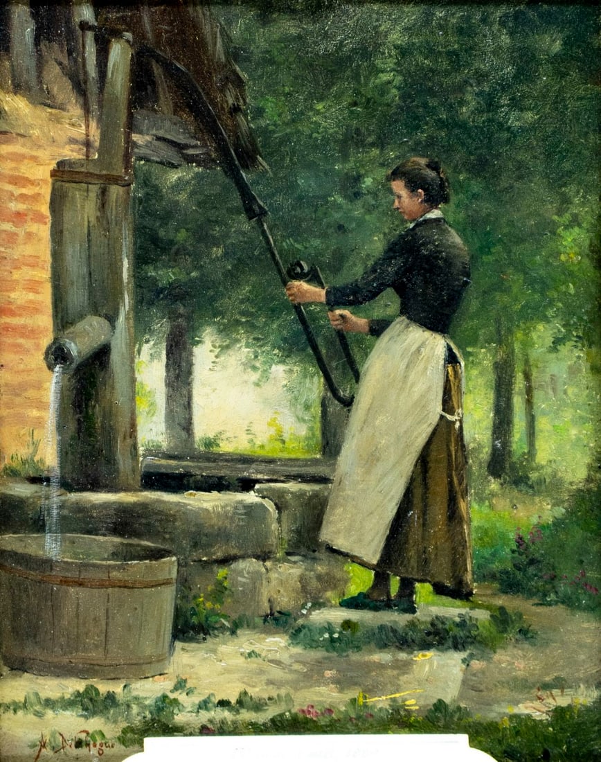 Alexis Auguste Delahogue (France,1867-1953) oil painting antique: ARTIST: Alexis Auguste Delahogue (French, 1867 - 1953) TITLE: Woman At Well YEAR: 1889 MEDIUM: oil on board CONDITION: Few small faint scratches. Some