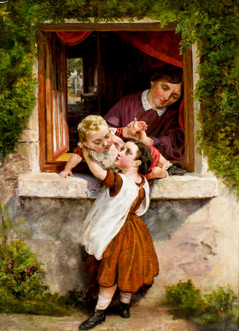 William Henry Midwood (UK,fl 1867-1871) oil painting antique: ARTIST: William Henry Midwood (British, fl.1867 - 1871) NAME: Children Embracing at a Window MEDIUM: oil on canvas CONDITION: One small patch. Two minor paint losses in corners. Minor craqu