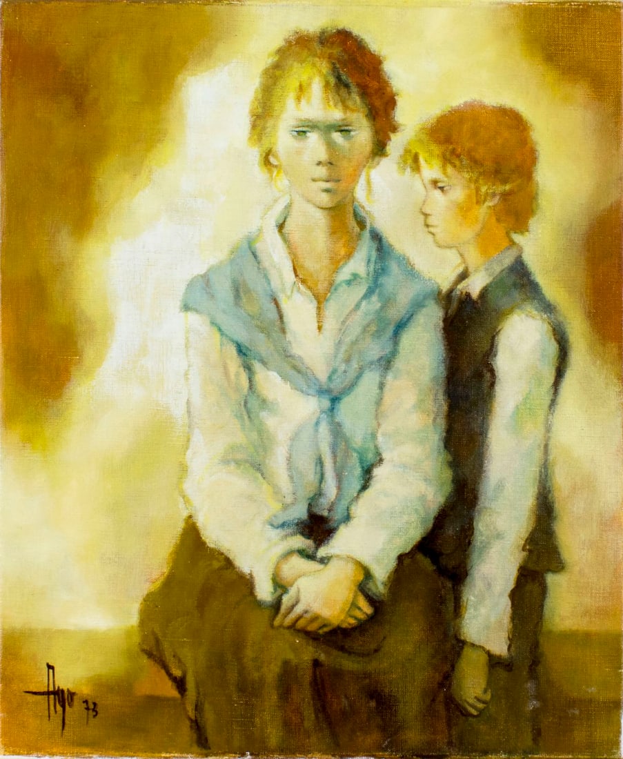 Robert Aillaud Ayo (French,1926-?) oil painting: ARTIST: Robert Aillaud Ayo (France, 1926 - ???) NAME: Mother and Son YEAR: 1973 MEDIUM: oil on canvas CONDITION: Restretched. Very good. No visible inpaint under UV light