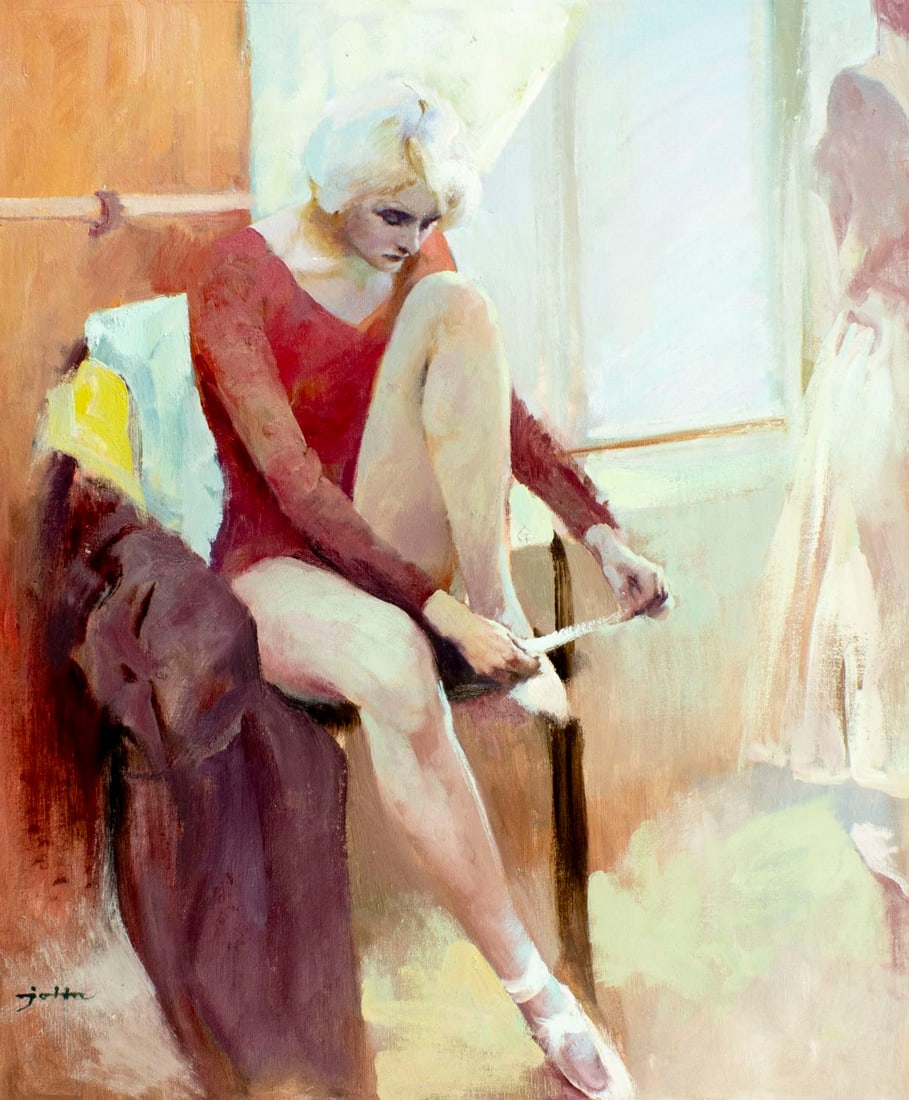 H N John (Europe,20C) oil painting: ARTIST: H N John (European, 20 century) TITLE: Ballerina Preparing MEDIUM: oil on canvas CONDITION: Unstretched (In-House stretching available). Missing a few flakes of pain