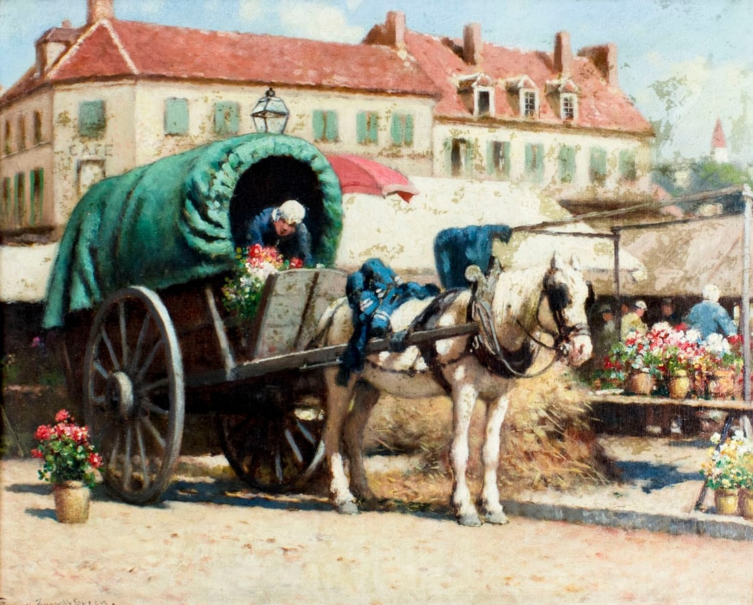 Frank Russell Green (IL,NY,1856-1940) oil painting: ARTIST: Frank Russell Green (Illinois, New York, 1856 - 1940) NAME: Market Scene MEDIUM: oil on canvas CONDITION: Minor craquelure. No visible inpaint under UV light. Some damages to frame.<