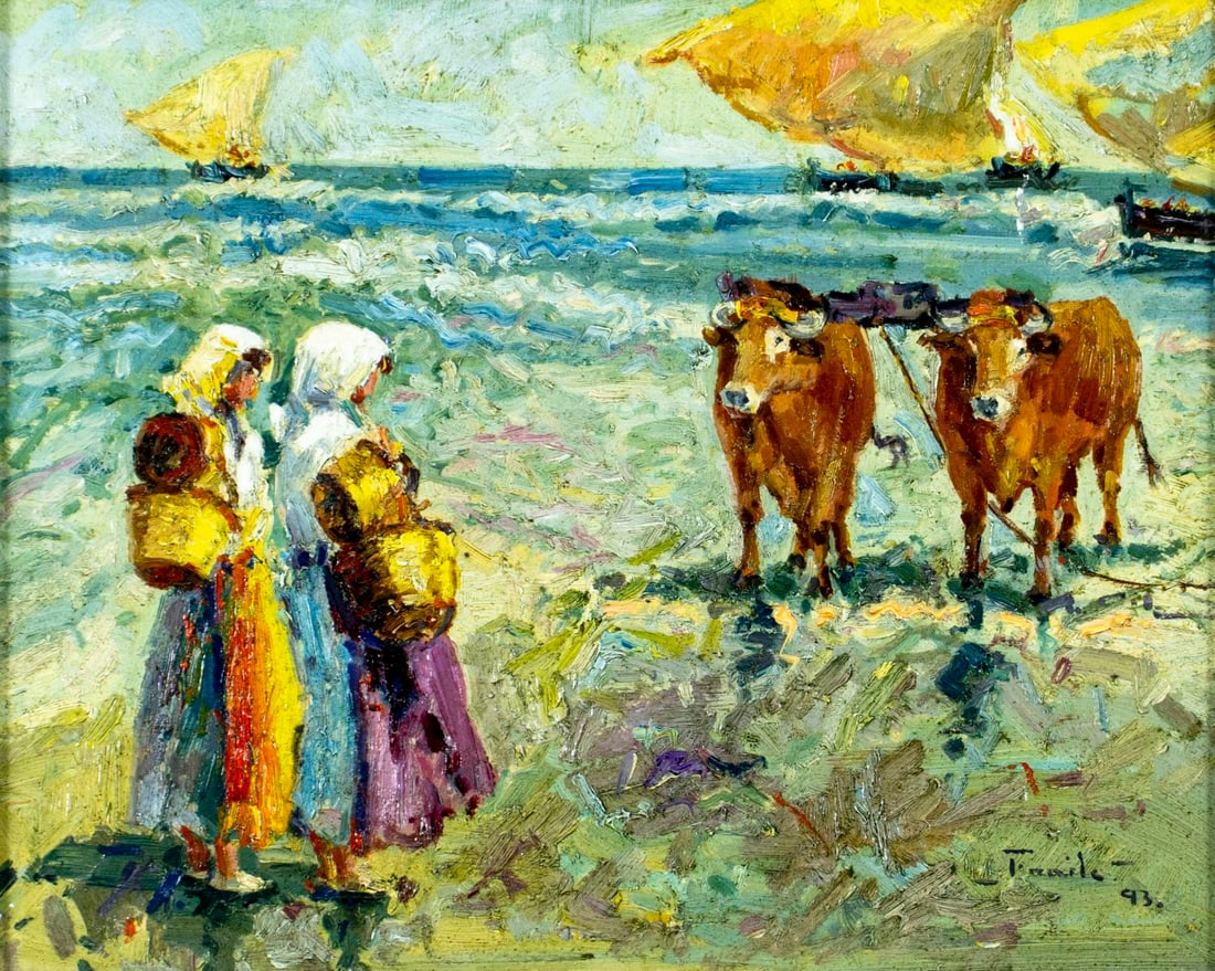 Pedro Fraile (Spain,b 1957) oil painting: ARTIST: Pedro Fraile (Spanish, born 1957) TITLE: Bueyes en el Mar YEAR: 1993 MEDIUM: oil on canvas CONDITION: Overall good. No visible inpaint under UV l