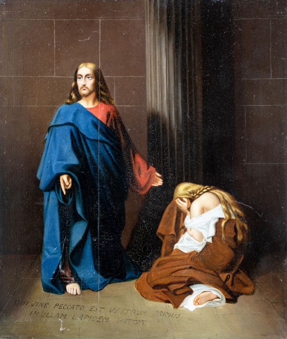 Antique early 20C Swedish oil painting AFTER Emile Signol: ARTIST: - (Sweden, early 20 century) AFTER Emile Signol (France, 1804 - 1892) TITLE: The Adulterous Woman MEDIUM: oil on board CONDITION: Board has a vertical crack. Som