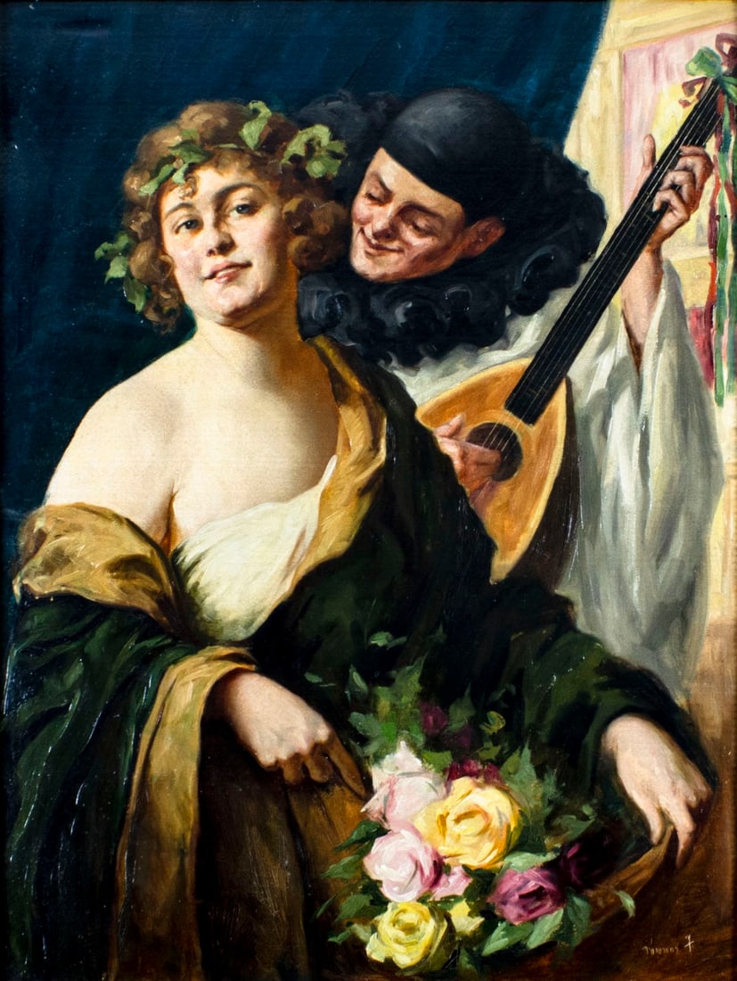 Antique early 20C European oil painting signed: ARTIST: - (European, early 20 century) TITLE: Courting Couple MEDIUM: oil on board CONDITION: Some small damages to upper right corner. One surface crack 2" long by the le