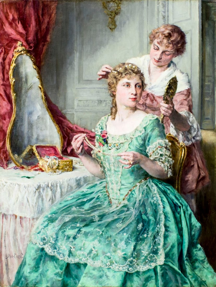 Walter MacEwen (NY,IL,French,1860-1943) oil painting: ARTIST: Walter Maxwell MacEwen (New York, Illinois, France, Germany, 1860 - 1943) TITLE: Dressing MEDIUM: oil on canvas CONDITION: Normal wear to edges. Minor craquelure.