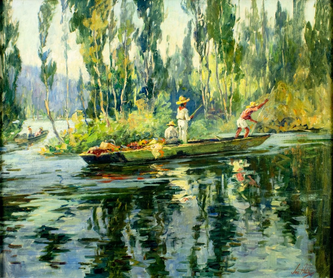 Jesse Hobby (IL,1871-1938) oil painting antique: ARTIST: Jesse Carl Hobby (Illinois, 1871 - 1938) TITLE: River Landscape with Boats MEDIUM: oil on canvas CONDITION: One small patch with corresponding paint loss. Few mino