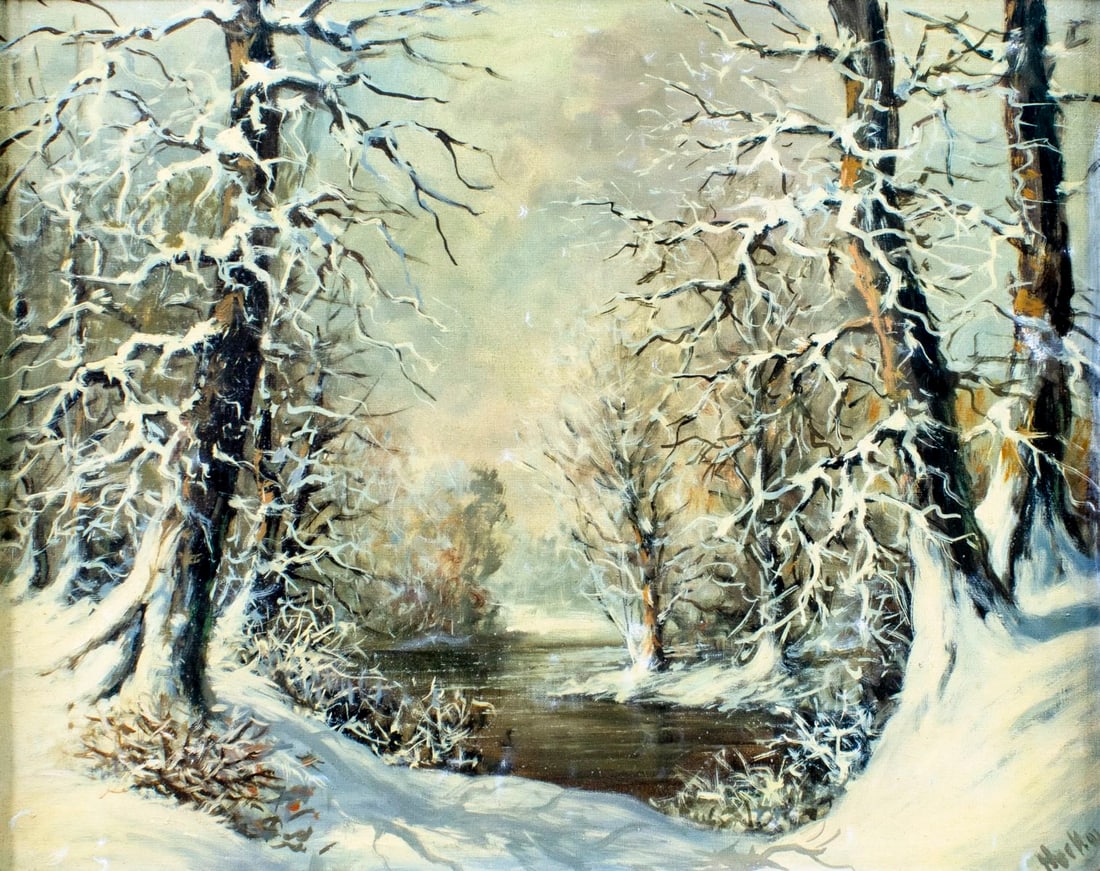 Vintage mid 20C European oil painting signed (1 of 12)