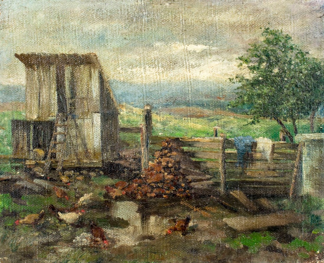 Adolf Kaufmann (Austria,1848-1916) oil painting antique: ARTIST: Adolf Kaufmann (Austrian, 1848 - 1916) NAME: Country Backyard Scene MEDIUM: oil on canvas CONDITION: Few very minor paint losses. No visible inpaint under UV light. SIGHT SIZE: 9