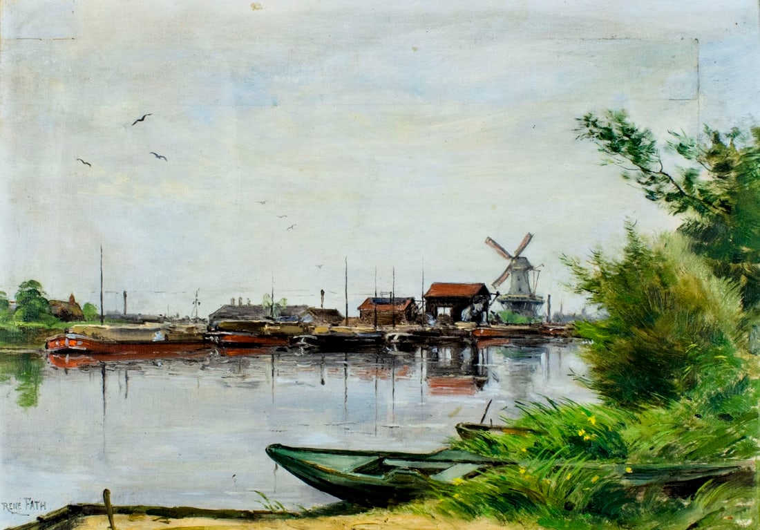 Rene Maurice Fath (France,1850-1922) oil painting antique: ARTIST: Rene Maurice Fath (French, 1850 - 1922) NAME: Dutch Landscape MEDIUM: oil on board CONDITION: Few scratches. No visible inpaint under UV light. Wear to frame. SIGHT SIZE: 13 x 18