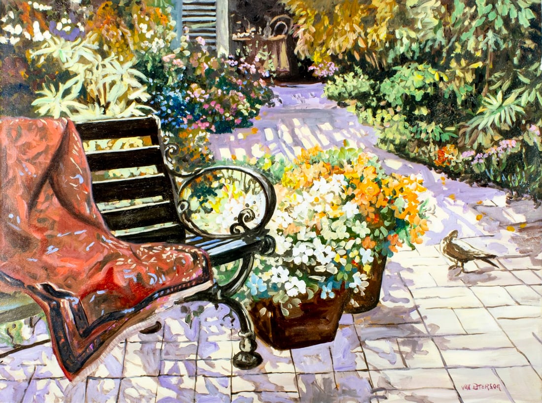 Lloyd H Van Pitterson (NJ,Jamaica,1826-1997) oil painting: ARTIST: Lloyd H Van Pitterson (New Jersey, Jamaican, 1826 - 1997) TITLE: Garden Landscape MEDIUM: oil on canvas CONDITION: Unstretched (In-House stretching available). Few