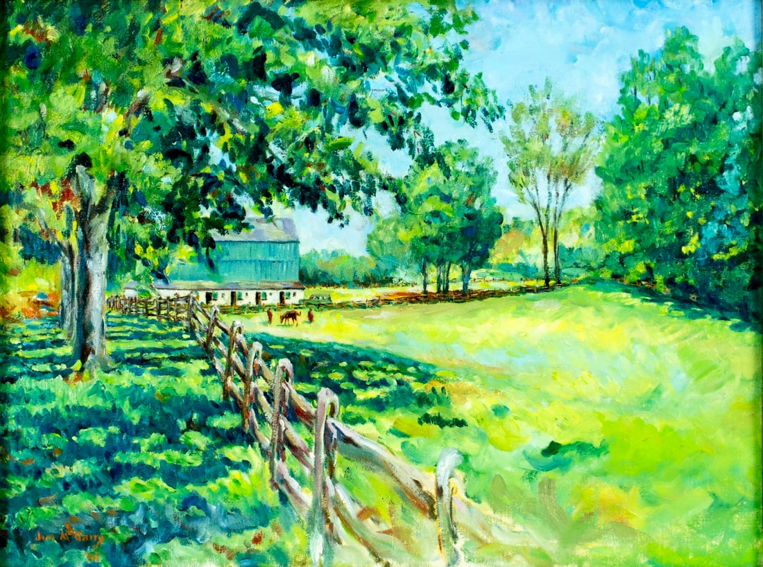 Jim McGarry (US,20C) oil painting: ARTIST: Jim McGarry (American, 20 century) TITLE: Farm Landscape YEAR: 1981 MEDIUM: oil on canvas board CONDITION: Overall good. No visible inpaint under