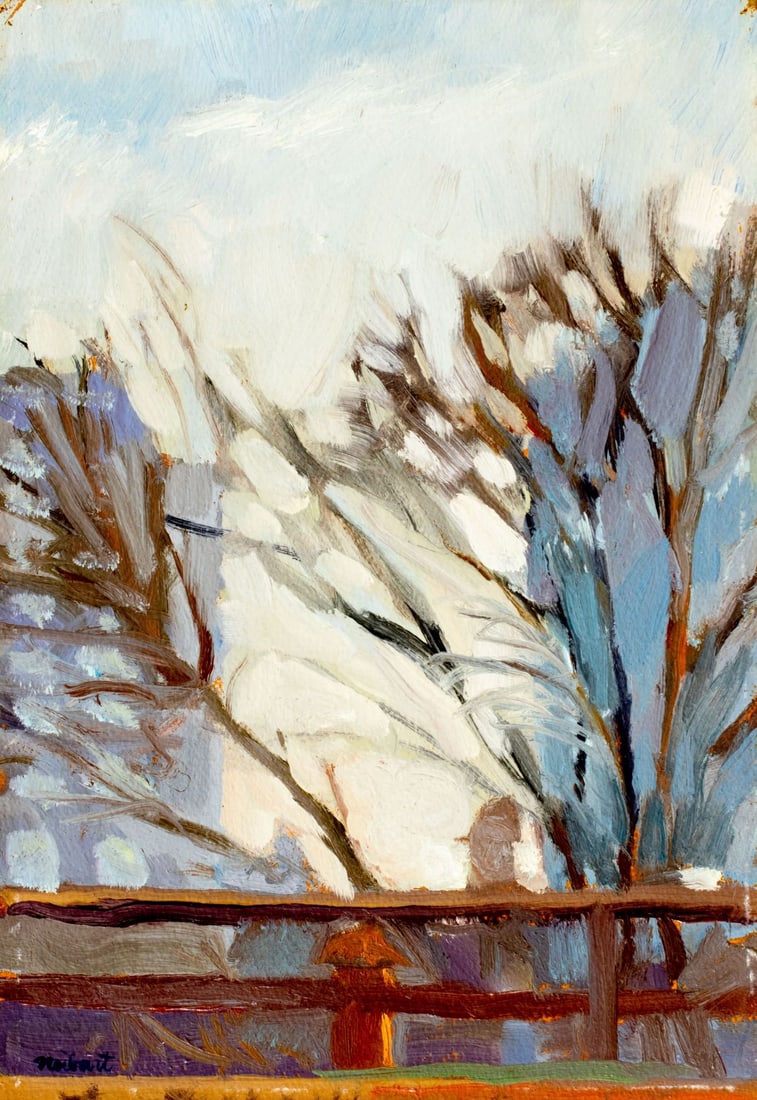 Barbara Neibart (PA,20/21C) oil painting: ARTIST: Barbara Neibart (Pennsylvania, 20/21 crnturies) TITLE: Autumn Landscape MEDIUM: oil on heavy paper CONDITION: Some small damages to the upper corners. One small tear
