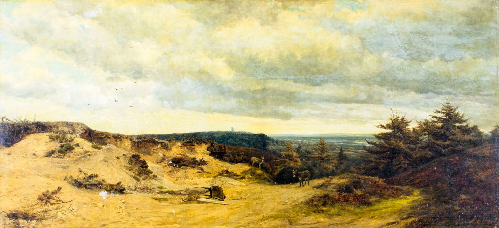 Frank Walton (UK,1840-1928) oil painting antique: ARTIST: Frank Walton (British, 1840 - 1928) TITLE: Landscape MEDIUM: oil on canvas CONDITION: Relined. One patch. Two crease lines. Some paint losses. Minor craquelure. So