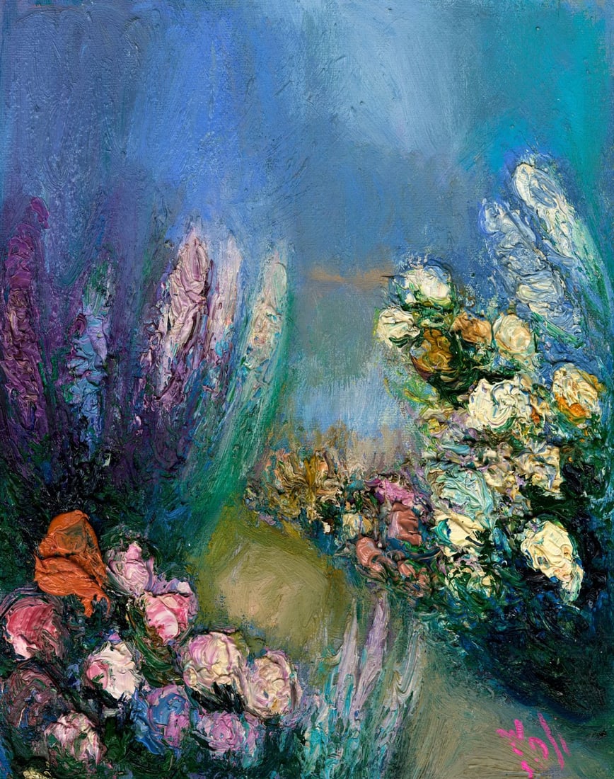 Yolanda Razzeto (Peru,1948-?) oil painting: ARTIST: Yolanda Razzeto (Peruvian, 1948 - ???) TITLE: Flower Garden Landscape MEDIUM: oil on canvas CONDITION: Unstretched (In-House stretching available). Some craquelure