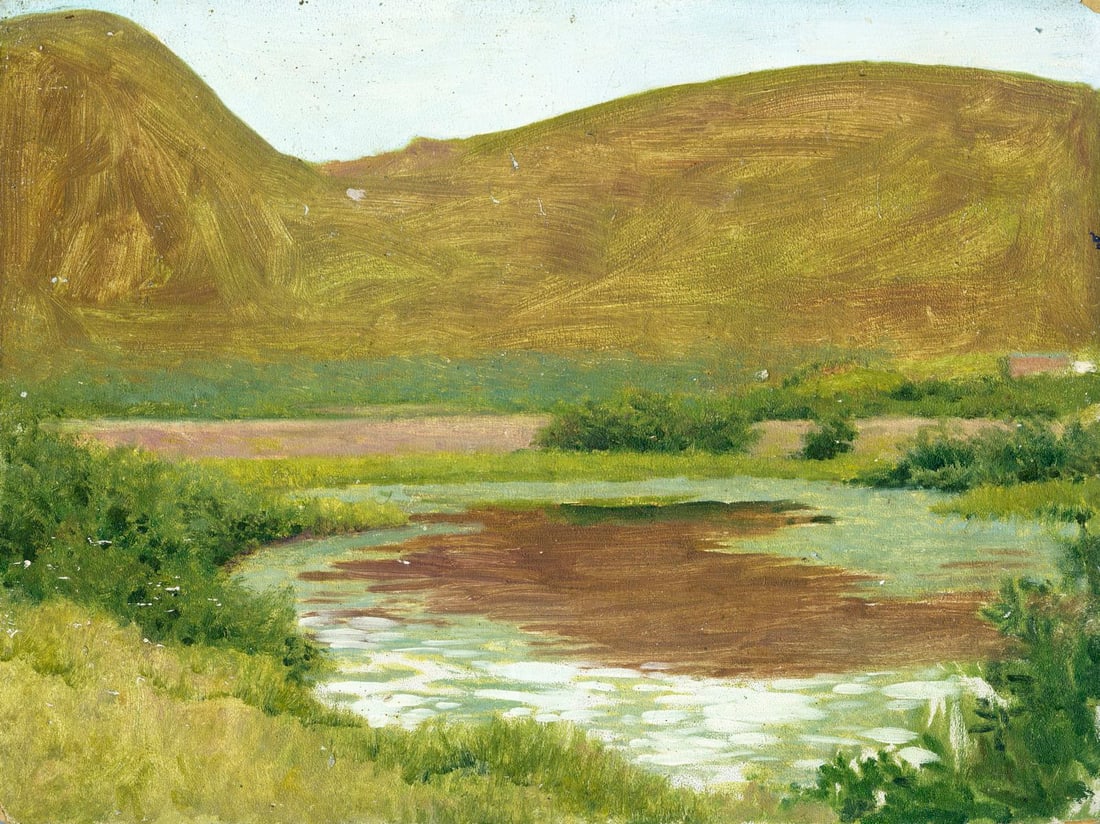 Helen DuMond (NY,CA,OR,1872-1968) oil painting: ARTIST: Helen Savier DuMond (New York, California, Oregon, 1872 - 1968) TITLE: Pond Landscape MEDIUM: oil on board CONDITION: Some damages to corners. Some scratches/paint
