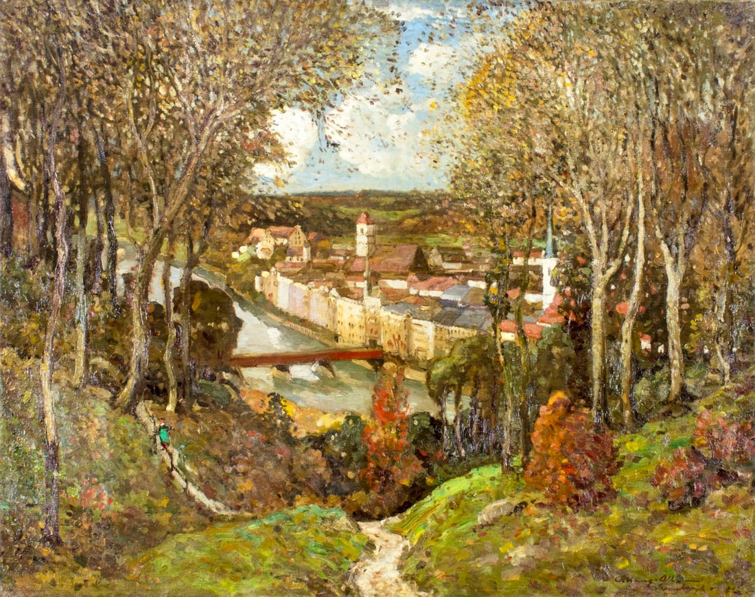C Harry Allis (CA,MI,OH,1870-1938) oil painting antique: ARTIST: C Harry Allis (California, Michigan, Ohio, 1870 - 1938) NAME: Autumn Landscape with Town MEDIUM: oil on canvas CONDITION: Relined. Restertched. Minor craquelure. Minor inpainting alo