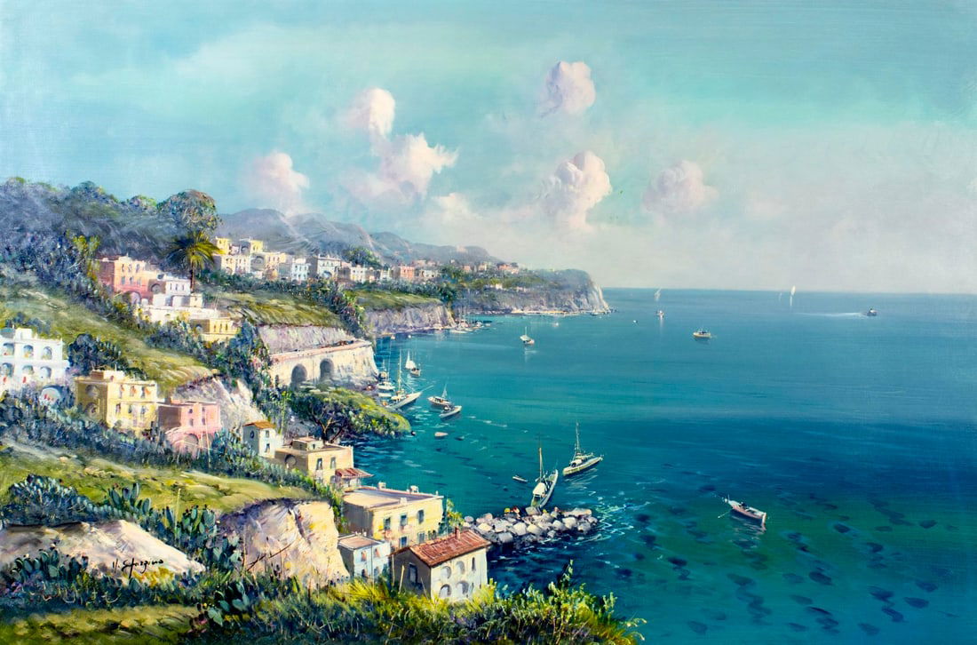 Starzino (Italy,20C) oil painting: ARTIST: Starzino (Italian, 20 century) TITLE: Italian Coastal Cityscape MEDIUM: oil on canvas CONDITION: Unstretched (In-House stretching available). Few minor paint losses.