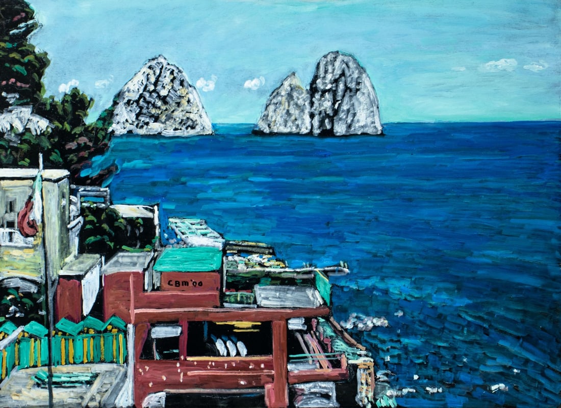 Evelyn Metzger (NY,Brazil,1911-2007) oil painting: ARTIST: Evelyn Borchard Metzger (New York, Brazilian, 1911 - 2007) TITLE: Coastal Landscape with Rocks YEAR: 2000 MEDIUM: oil on board CONDITION: Overa