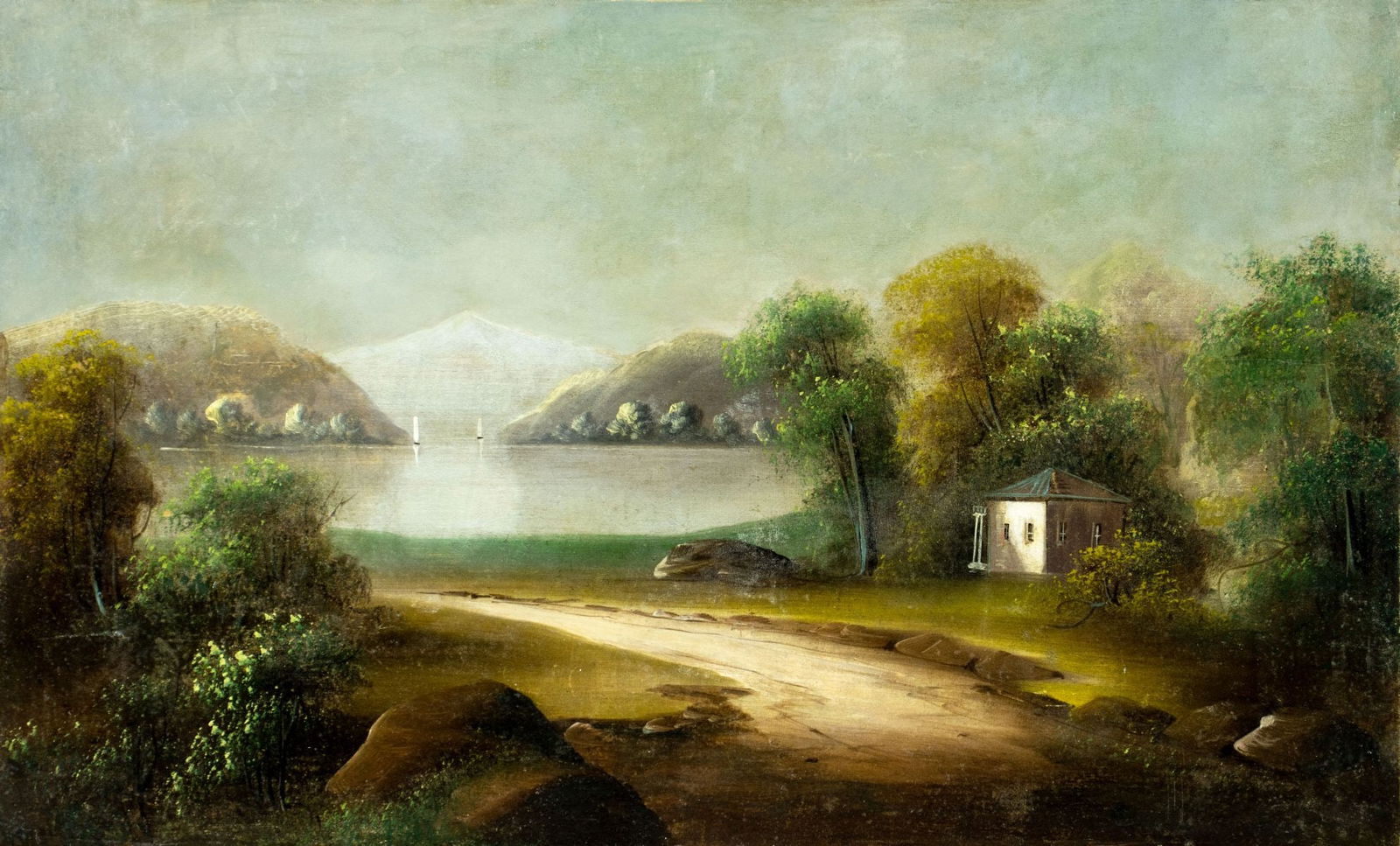 Antique 19C American oil painting: ARTIST: - (American, 19 century) TITLE: Mountain Lake Landscape MEDIUM: oil on canvas. Canvas applied to board. CONDITION: Some damages to the upper left corner of canvas