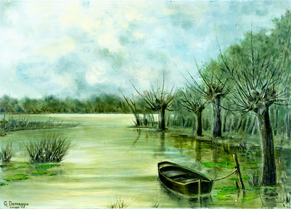 G Damaggio (mid 20C) oil painting: ARTIST: G Damaggio (mid 20 century) TITLE: River Landscape with Boat YEAR: 1965 MEDIUM: oil on board CONDITION: Some small scratches/paint losses. No vis