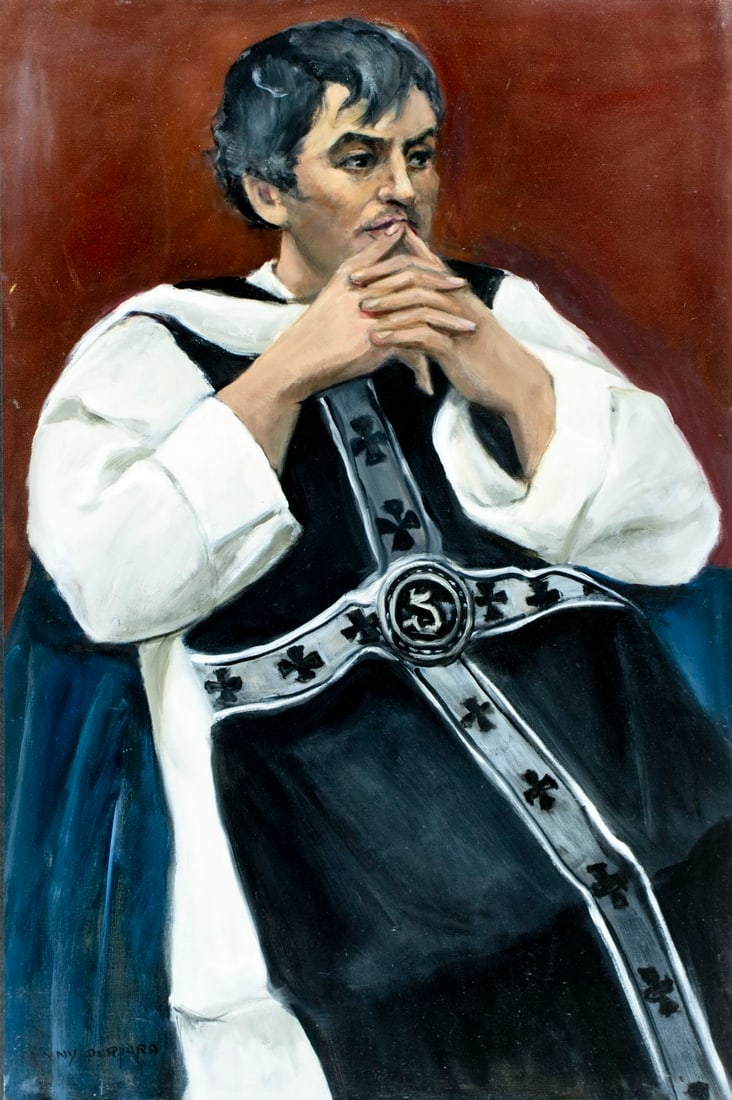 Penny Purpura (US,20C) oil painting: ARTIST: Penny Purpura (American, 20 century) TITLE: Priest MEDIUM: oil on canvas CONDITION: Some scratches/paint losses mostly along the left edge. Minor craquelure. No visi