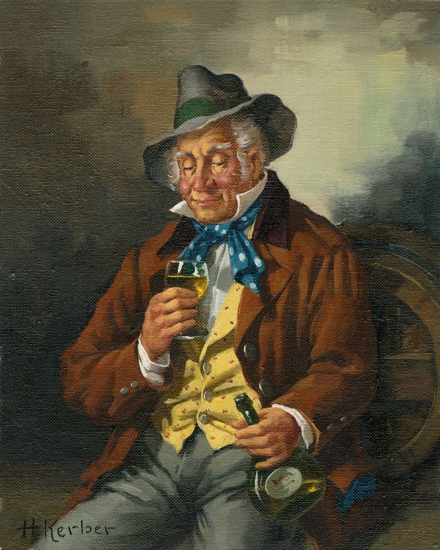 Hans Kerber (Austria,1920-?) oil painting: ARTIST: Hans Kerber (Austrian, 1920 - ???) TITLE: Man Drinking Wine MEDIUM: oil on canvas CONDITION: Unstretched (In-House stretching available). Few minor paint losses. V